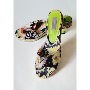 Emilio Pucci Black Paisley Size 38/US 7.5 Kitten Heel Sandals Canvas Espadrille